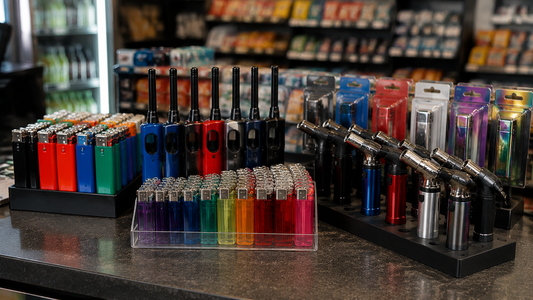 Wholesale torch lighters and disposable lighters displayed for convenience stores in 2026