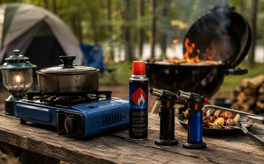Portable butane canister used for camping, grilling, and outdoor cooking