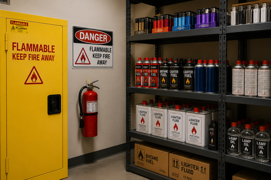 Organized retail shelving for butane fuel and flammable products