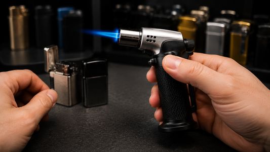 Retailer testing a butane torch lighter for reliable performance