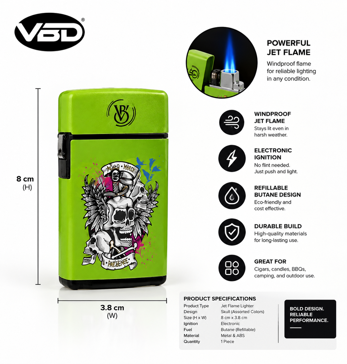 Electronic Gas Torch Lighter 2-Side Printed Green Skull — PACK OF 12