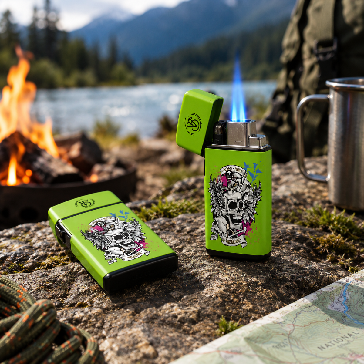 Electronic Gas Torch Lighter 2-Side Printed Green Skull — PACK OF 12