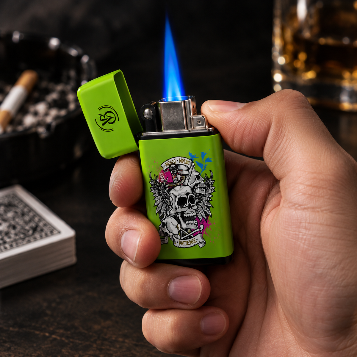 Electronic Gas Torch Lighter 2-Side Printed Green Skull — PACK OF 12