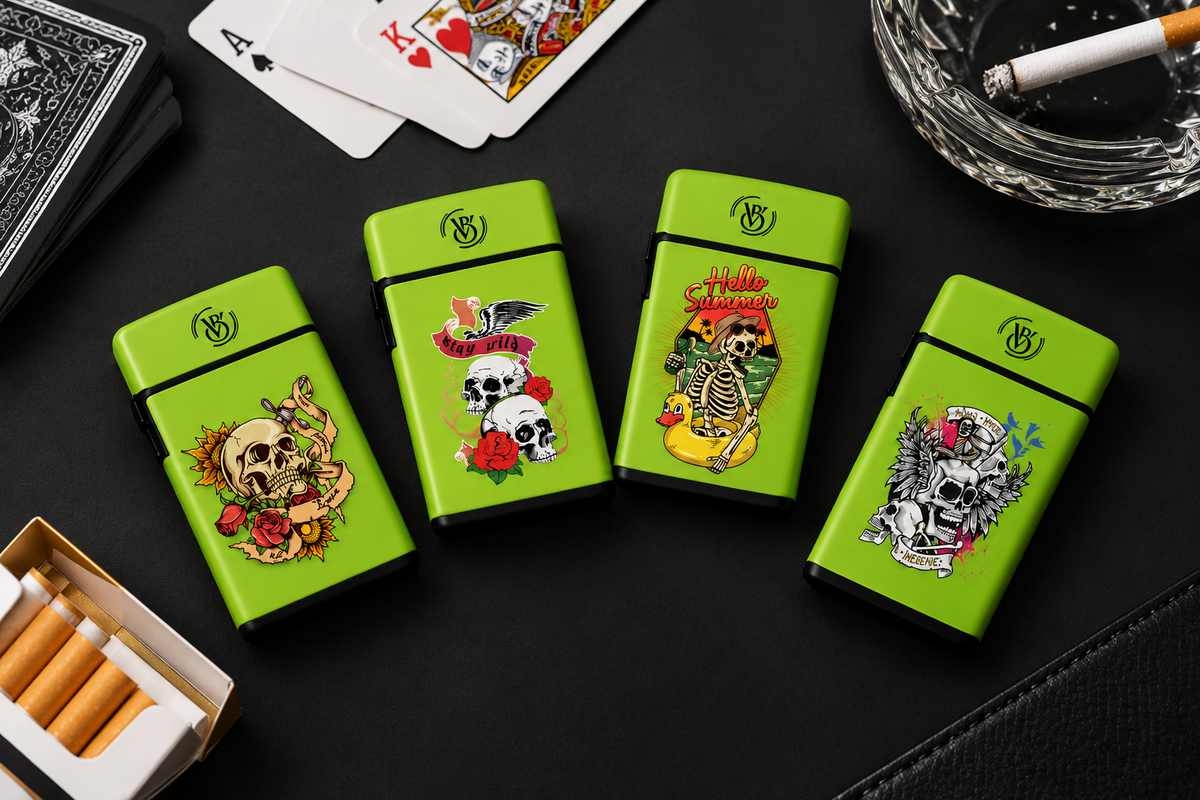 Electronic Gas Torch Lighter 2-Side Printed Green Skull — PACK OF 12