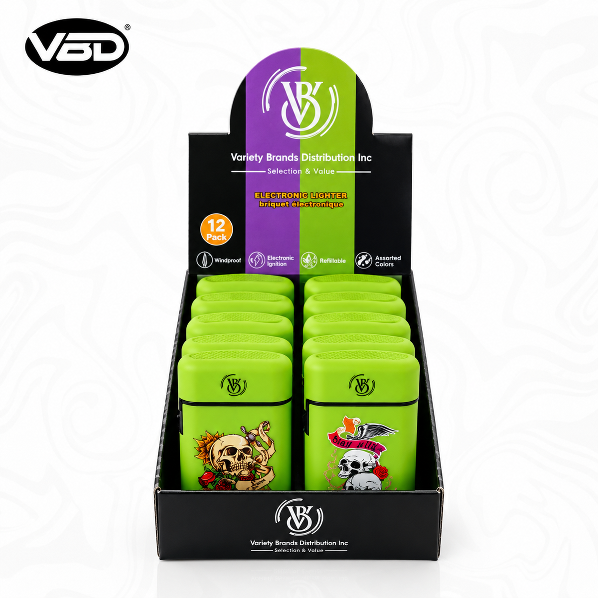 Electronic Gas Torch Lighter 2-Side Printed Green Skull — PACK OF 12