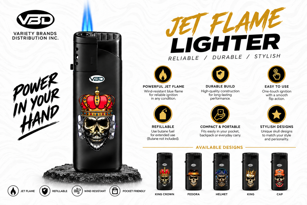 A promotional graphic for the VBD Jet Flame Lighter, featuring a black lighter with a skull and crown graphic, a blue flame, and multiple marketing callouts, feature icons, and smaller preview images of other available designs at the bottom.